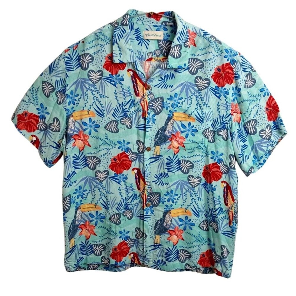 Caribbean Mens XL Tropical Toucan Parrot Hibiscus Button Up Camp Shirt Blue